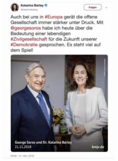 Die korrupteste Mafia trifft sich: Georg Soros, Katharina Barley (SPD) Hirnlos Abteilung. Chef Schlepperin und Chefin der ASYL Betrüger