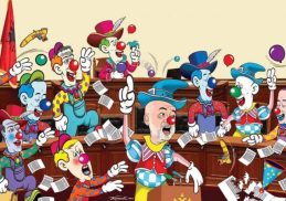 Das Clown Parlament: "Parlamenti i kllounave, etiketohet nga artisti i mirënjohur, Kuvendi i sotshëm që numëron 122 deputetë nga 140 që duhej të kishte"